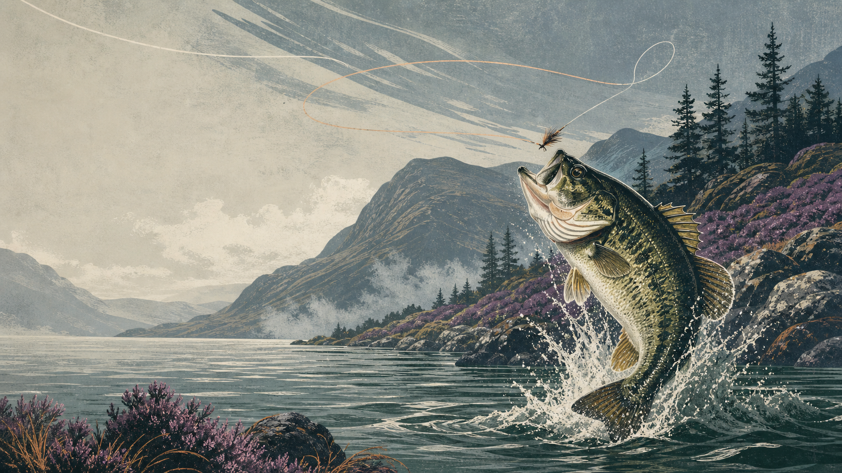 Bass leaping from a misty Highland loch